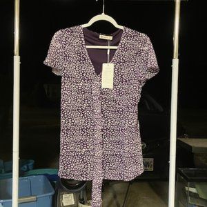 Ounaya Women's Blue/Purple Lined V-Neck Short Sleeve Chiffon Blouse S NWT